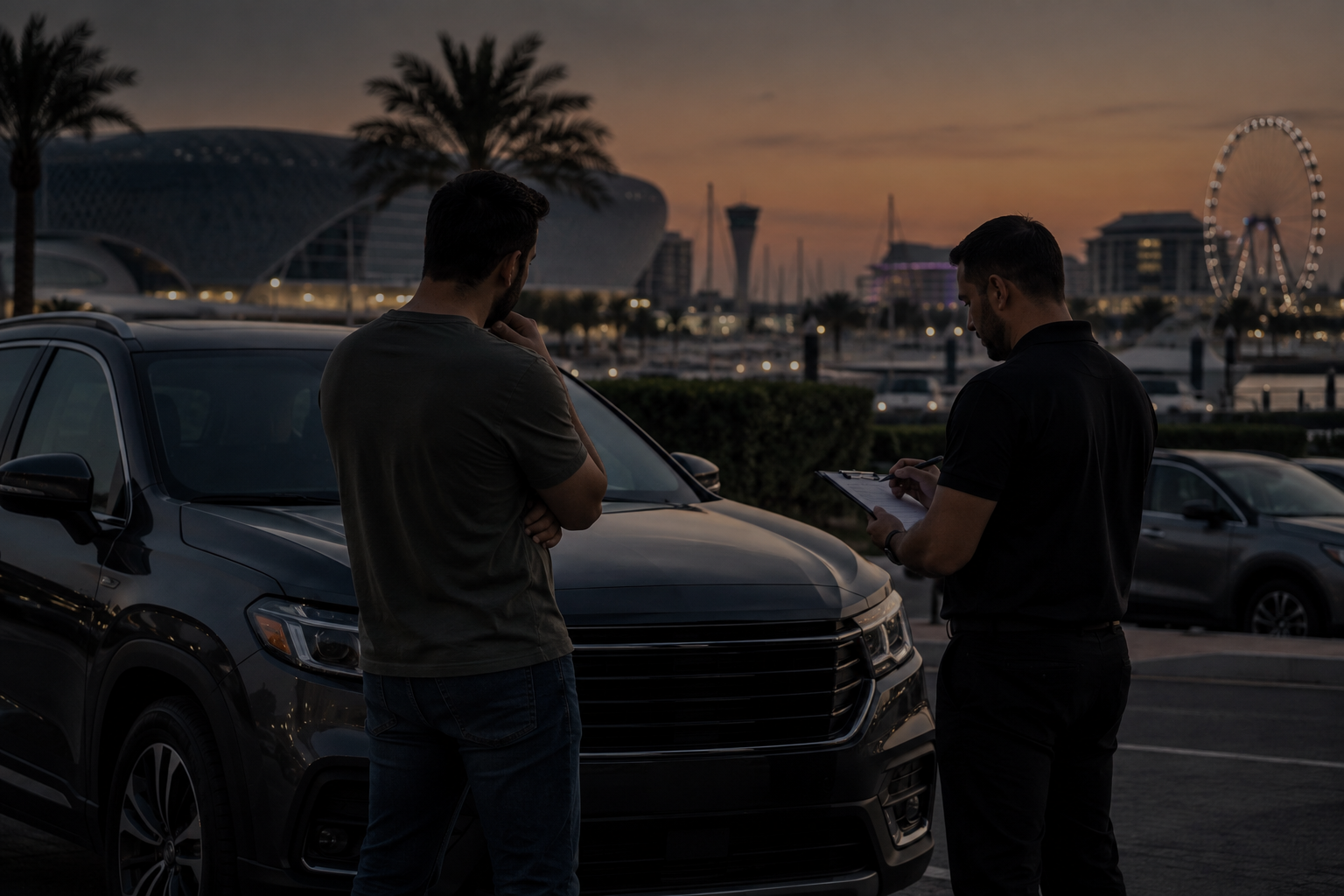 Sports car buyers inspecting a used performance car in Abu Dhabi