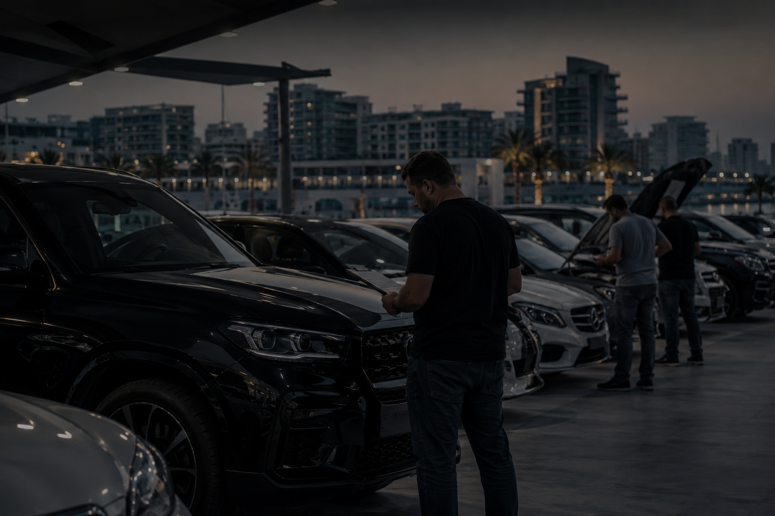Junk car buyers inspecting an unwanted car near Yas Island Abu Dhabi