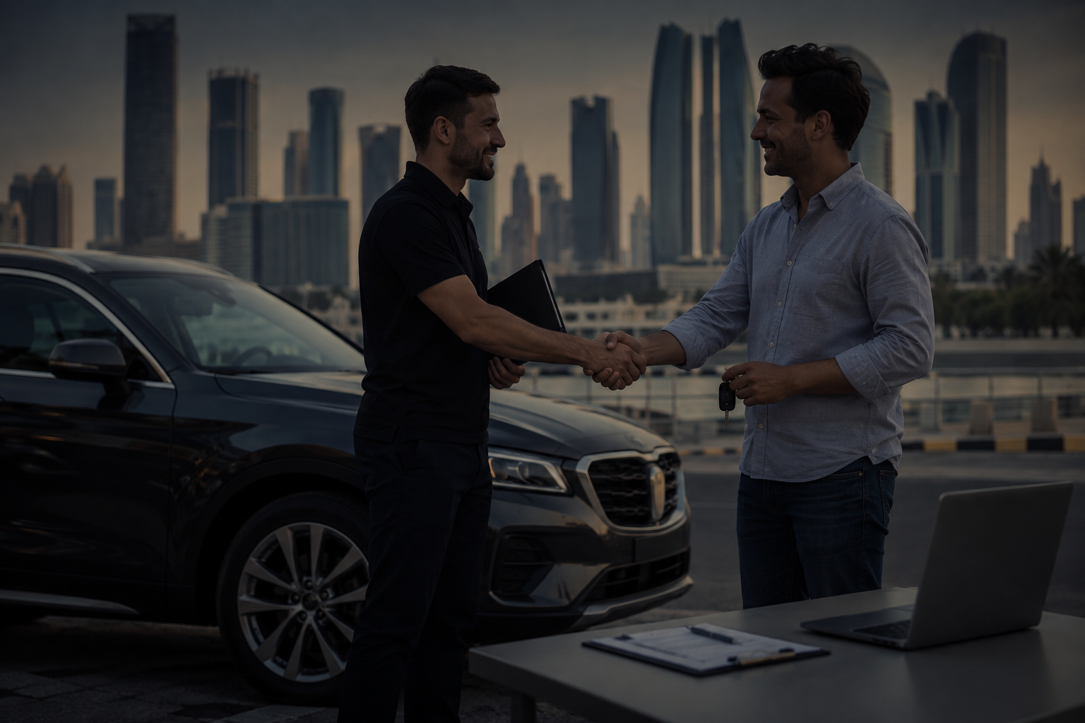 Trusted car buyers inspecting a used car in Abu Dhabi