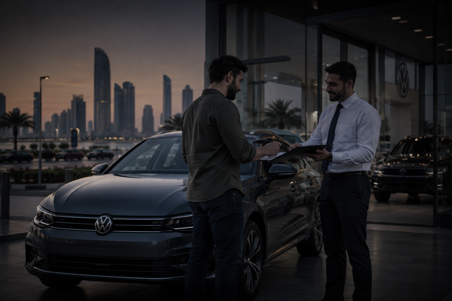Cash car buyer near Al Manhal helping a car owner sell a used car in Abu Dhabi