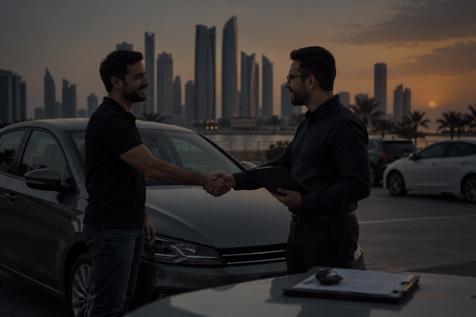 Top car buyers Abu Dhabi inspecting a used car before purchase